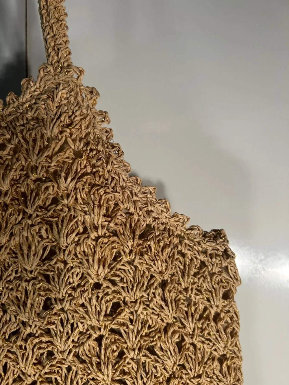 Xhilaration Crochet Raffia & Gold Metallic Tote Bag Boho Travel Beach Cottage